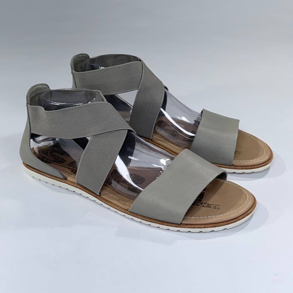Sorel Ella Sandal Womens 11 Grey Tan Leather Elastic Strappy Comfort Boho Casual